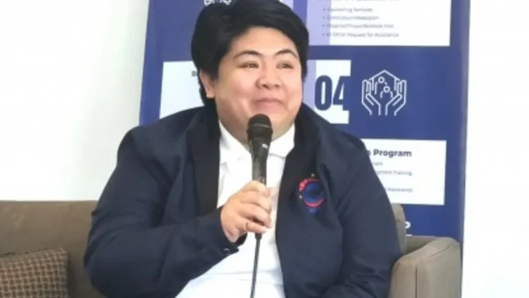 Patricia Yvonne Caunan speaks during a Meet the Press briefing on Feb. 20, 2026, outlining Overseas Workers Welfare Administration programs and encouraging overseas Filipino workers to become members.